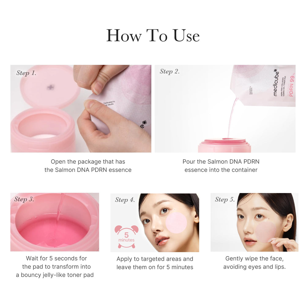 medicube Salmon DNA PDRN Pink Collagen Jelly Pad step-by-step usage communicates simple routine.