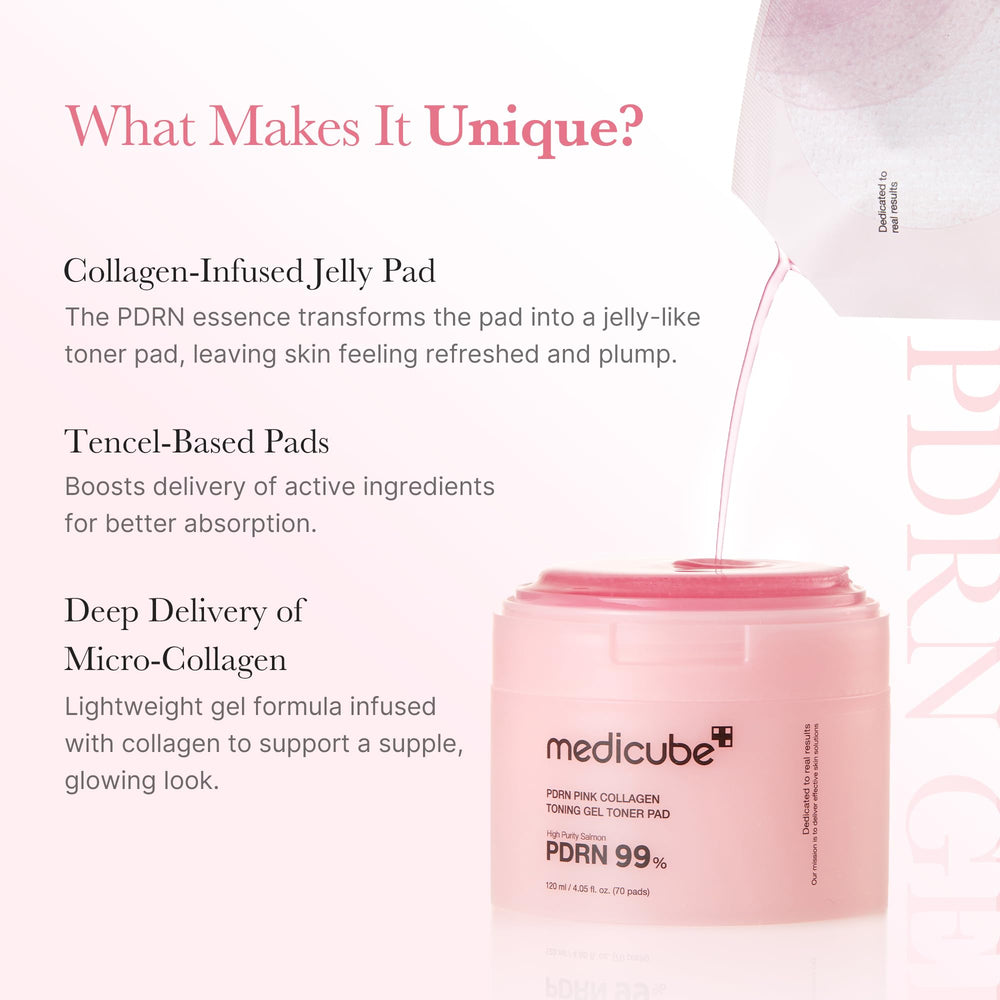medicube Salmon DNA PDRN Pink Collagen Jelly Pad pads on face indicate targeted tone refinement.