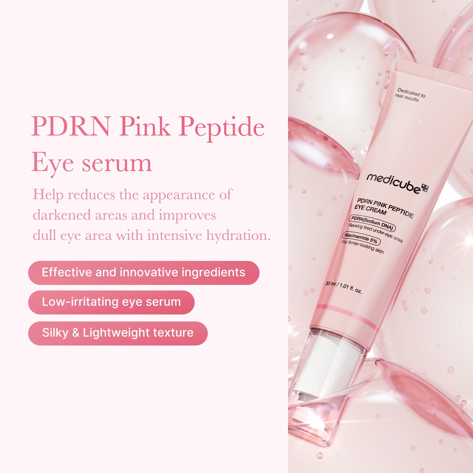 Medicube eye serum texture closeup highlights silky, non-sticky absorption around the eye.