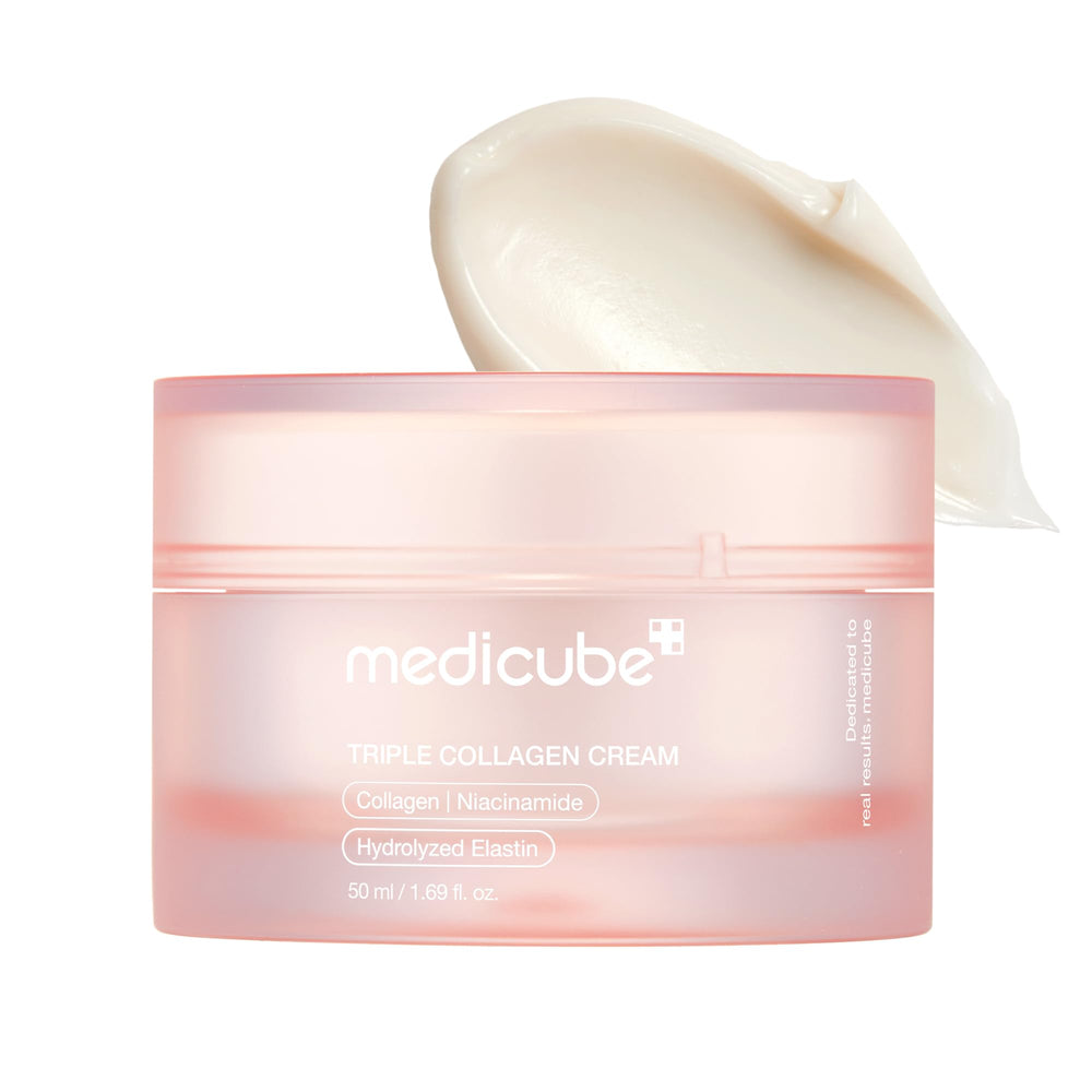 medicube Triple Collagen Cream jar closeup showing rich hydration for firmer skin.