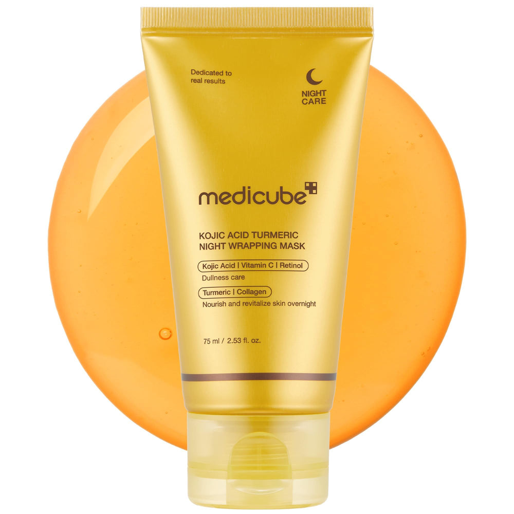 Medicube Turmeric Overnight Wrapping Mask packaging showcases premium skincare for glow and ease of use.