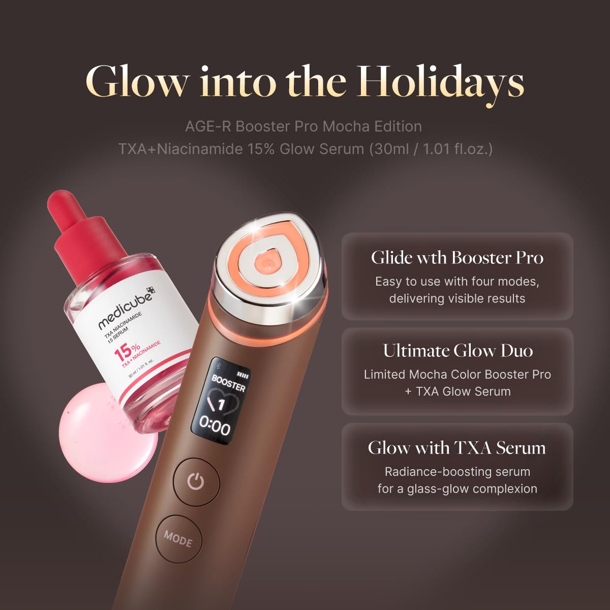 Medicube TXA Serum close-up bottle highlights hydrating formula for layered skincare
