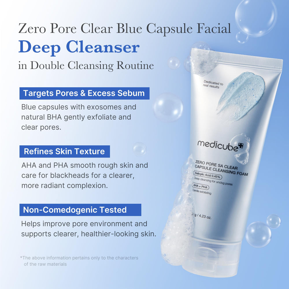 Blue capsules in Medicube Zero Pore cleanser highlight exfoliation and oil control.
