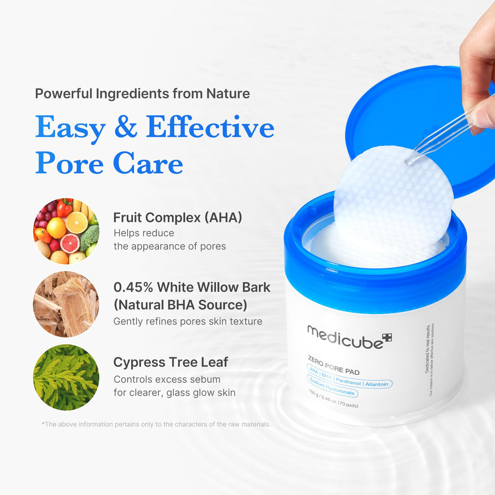 Medicube Zero Pore Pads 2.0 natural ingredients including BHA/AHA for skin clarity.