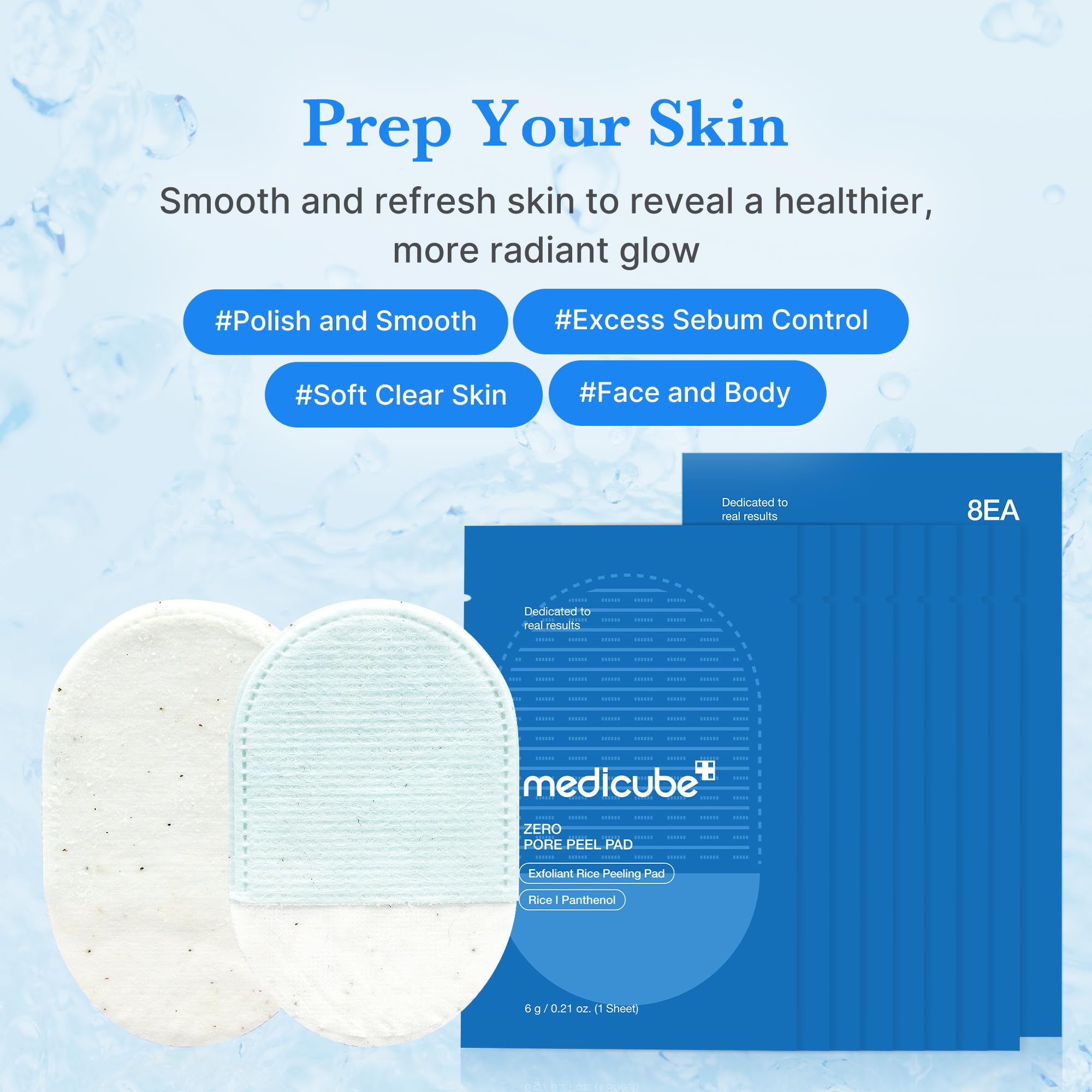 medicube Zero Pore Peel Pads close-up of rice extract formula for gentle exfoliation.