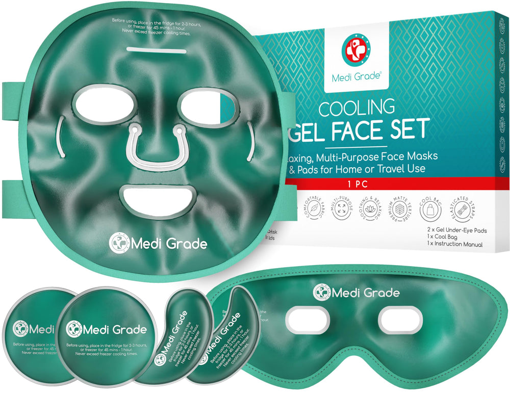 Medi Grade cooling face mask on face delivers refreshing relief for puffy eyes and tired skin.