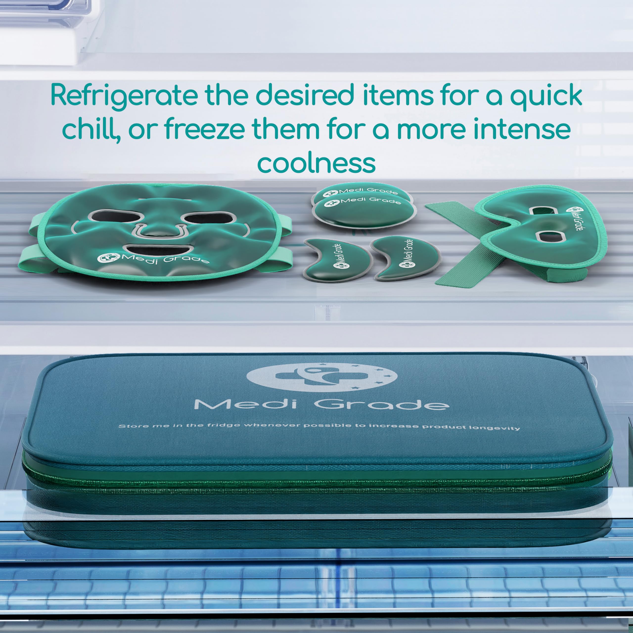 Medi Grade gel eye mask closeup emphasizing gentle cooling for swelling relief.