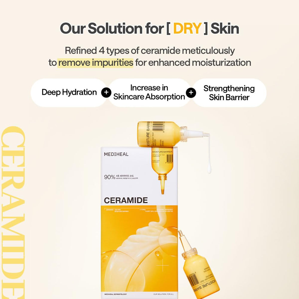 Mediheal Ceramide Essential Sheet Mask worn on face demonstrates contour-fit application