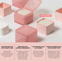 Mediheal Collagen Ampoule Pad application on cheek demonstrates targeted skin firming use.