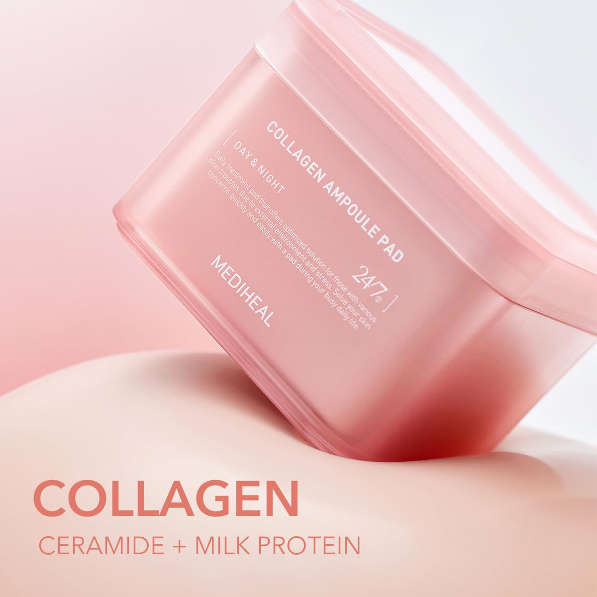 Mediheal Collagen Ampoule Pad packaging label shows vegan eco silk pad for sustainable care.