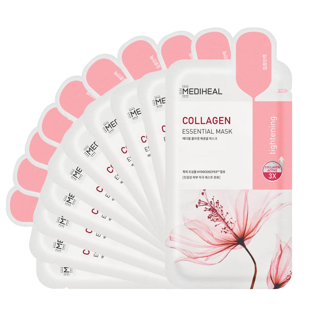 Mediheal Collagen Essential Face Mask packaging shows eco-friendly design for sustainable skincare.