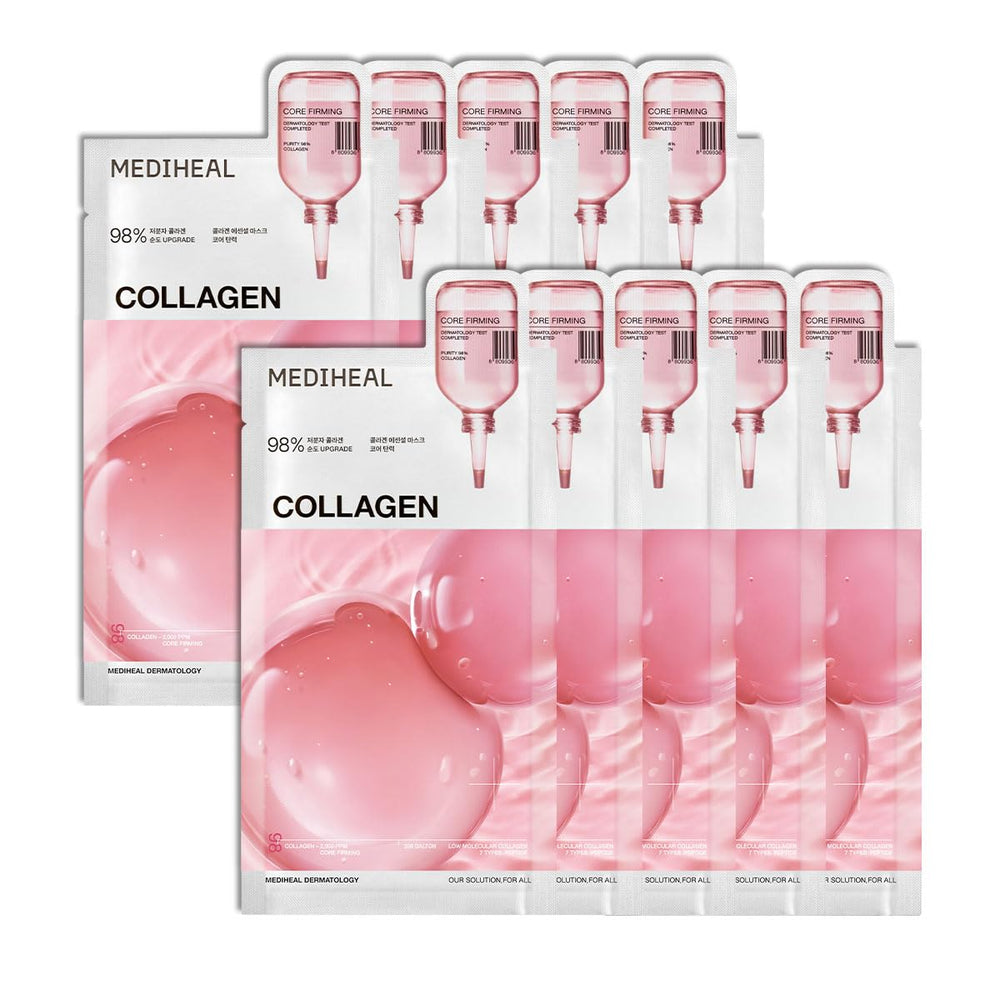 Mediheal Collagen Essential Sheet Mask packaging highlights vegan formula.