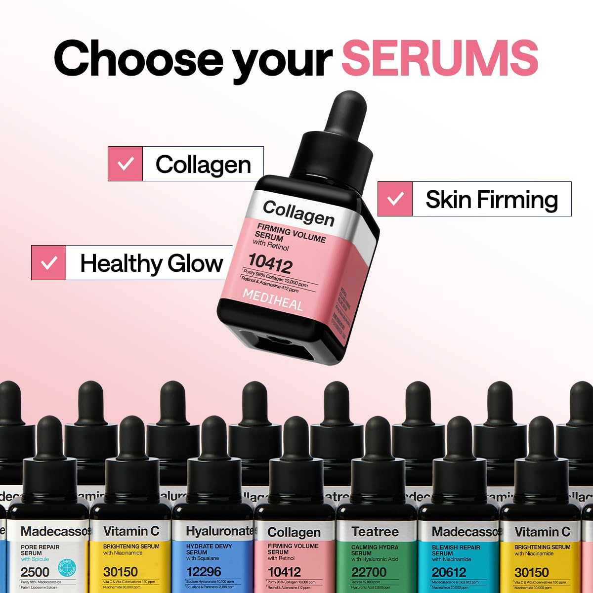 Mediheal Collagen Firming Volume Serum label closeup shows premium formula for smoother skin.