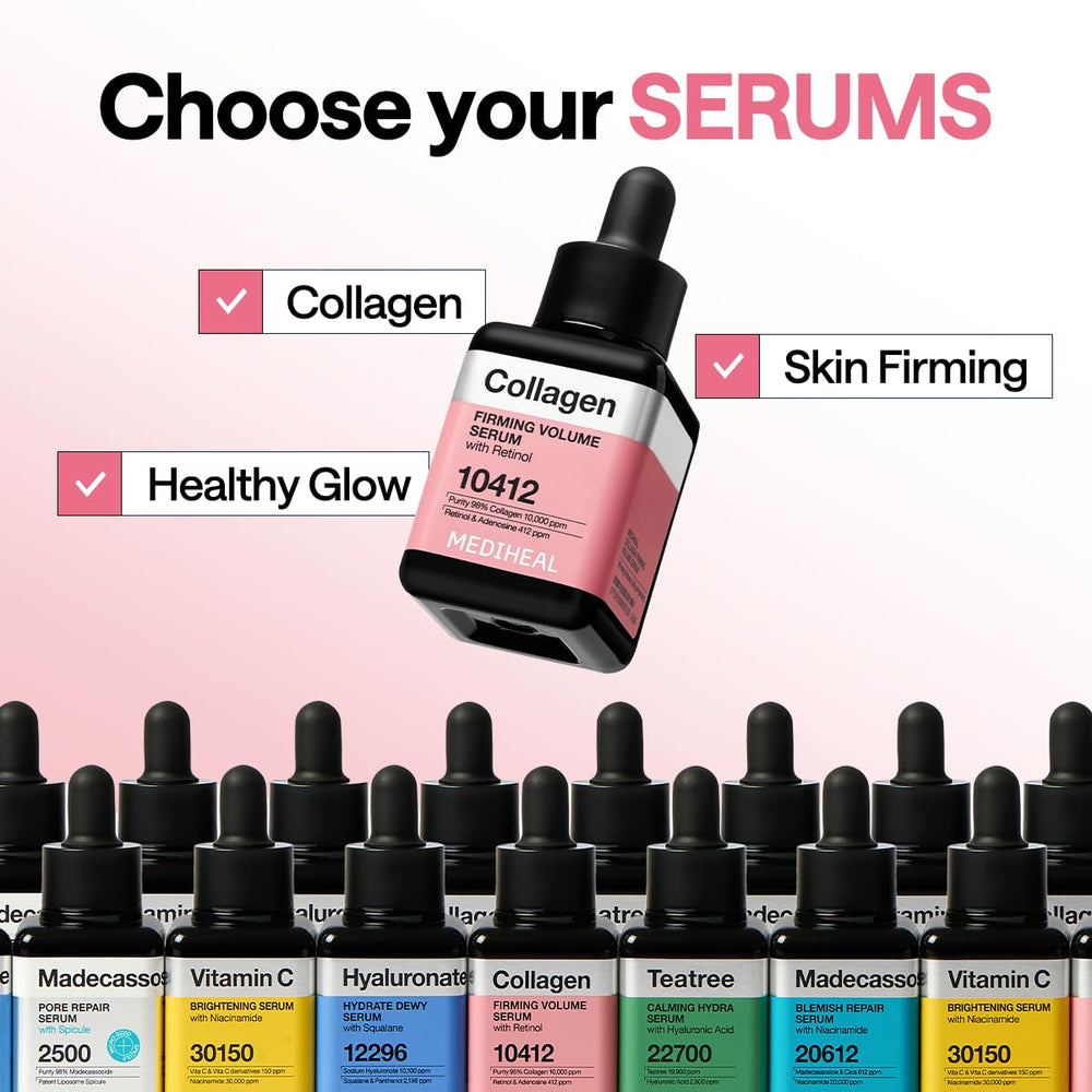 Mediheal Collagen Firming Volume Serum label closeup shows premium formula for smoother skin.
