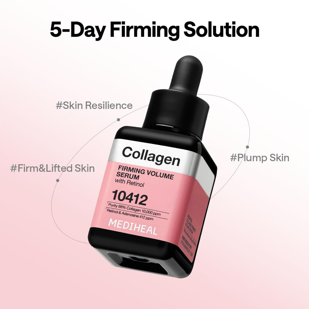 Mediheal Collagen Firming Volume Serum retinol closeup emphasizes wrinkle-targeting potential.
