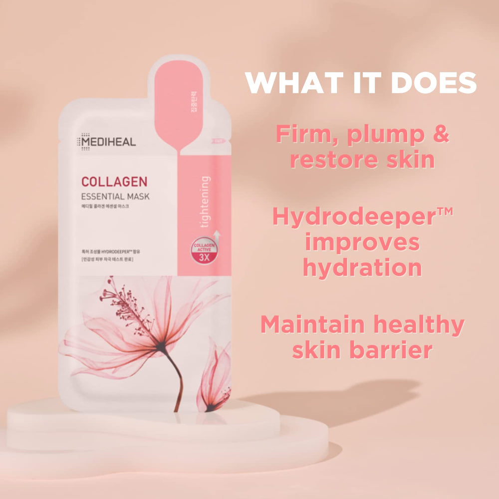 Mediheal collagen sheet mask closeup shows a gentle vegan formula for hydration.
