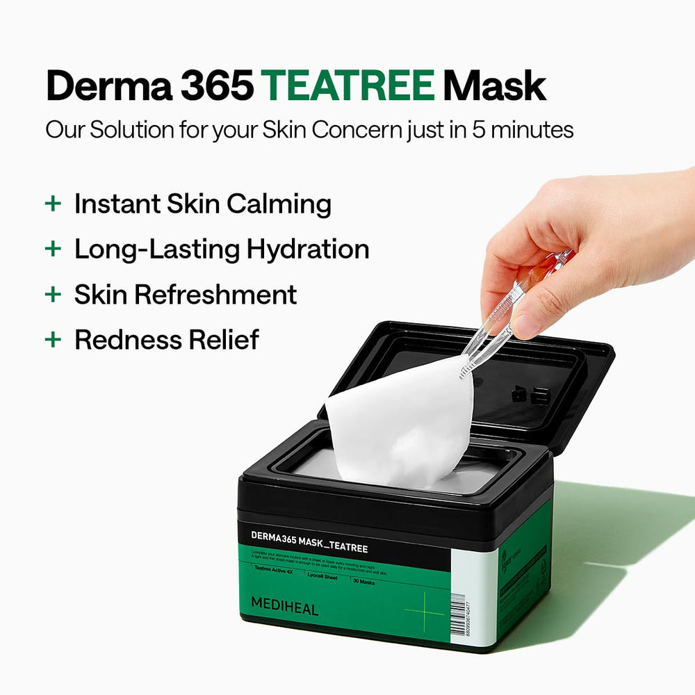 Mediheal Derma 365 Tea Tree Mask application for fast daily complexion care.