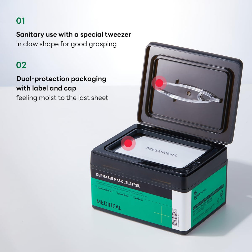 Mediheal Derma 365 Tea Tree mask tweezers included for hygienic use.