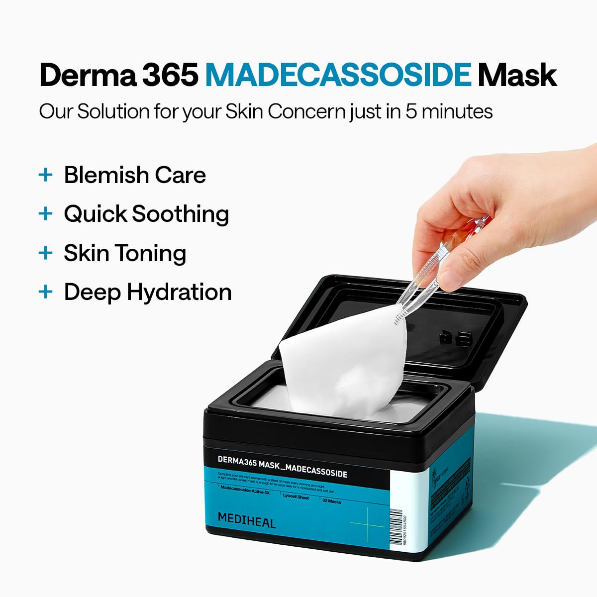 Mediheal Derma 365 Madecassoside Mask container closeup highlights hygienic storage and easy access.