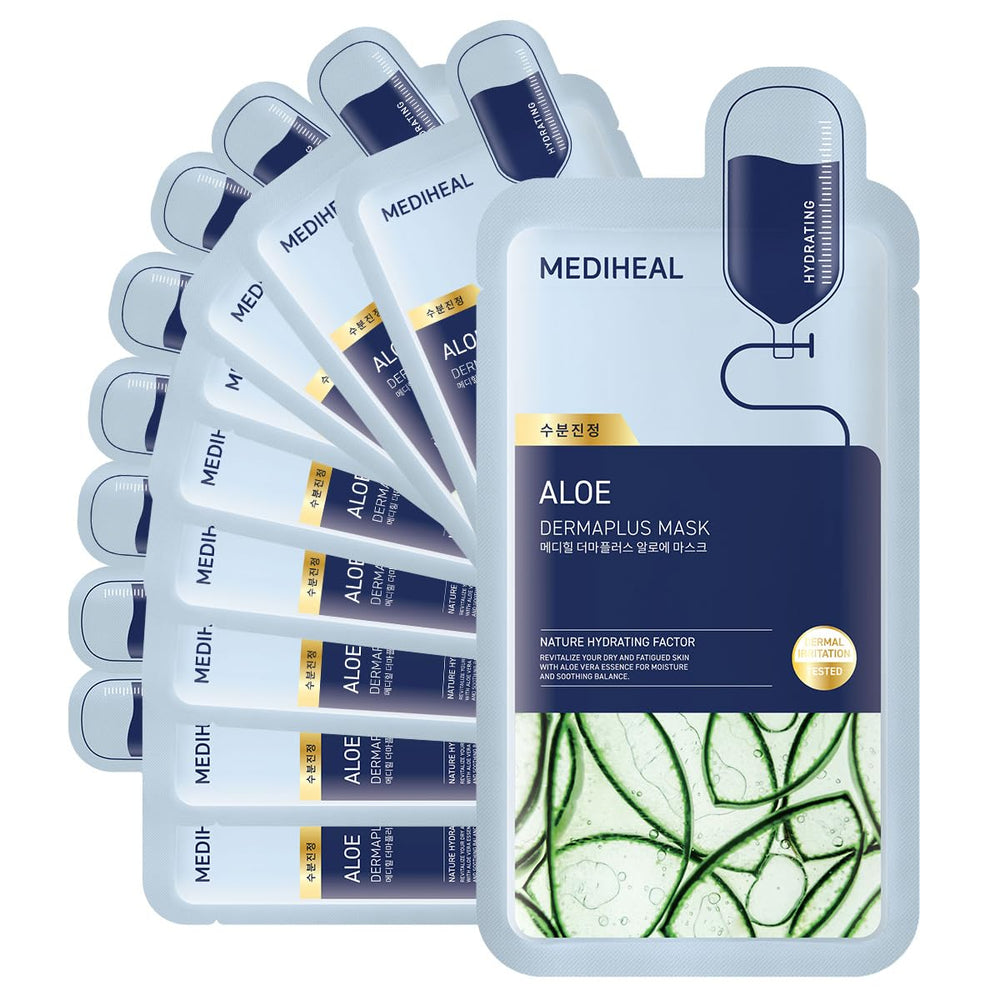 Mediheal Dermaplus Aloe Mask packaging highlights vegan fabric for daily hydration