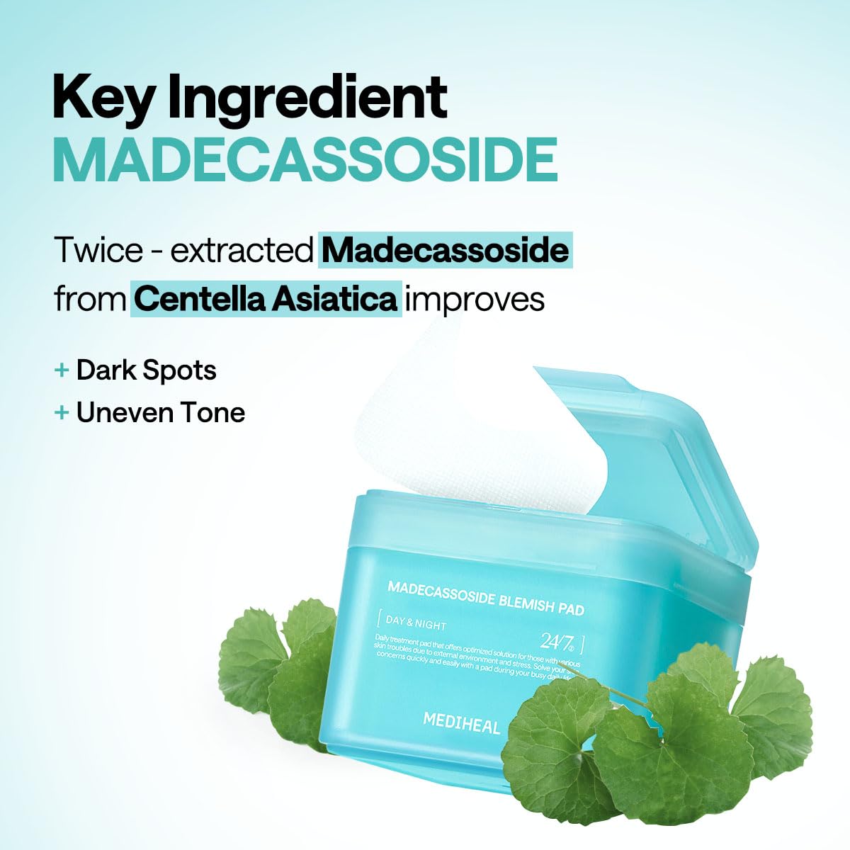 Mediheal Madecassoside blemish pad centella close-up emphasizing soothing hydrating action