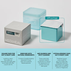 Mediheal Madecassoside Blemish Pad refill cotton pads with plant-derived ingredients for sensitive skin.