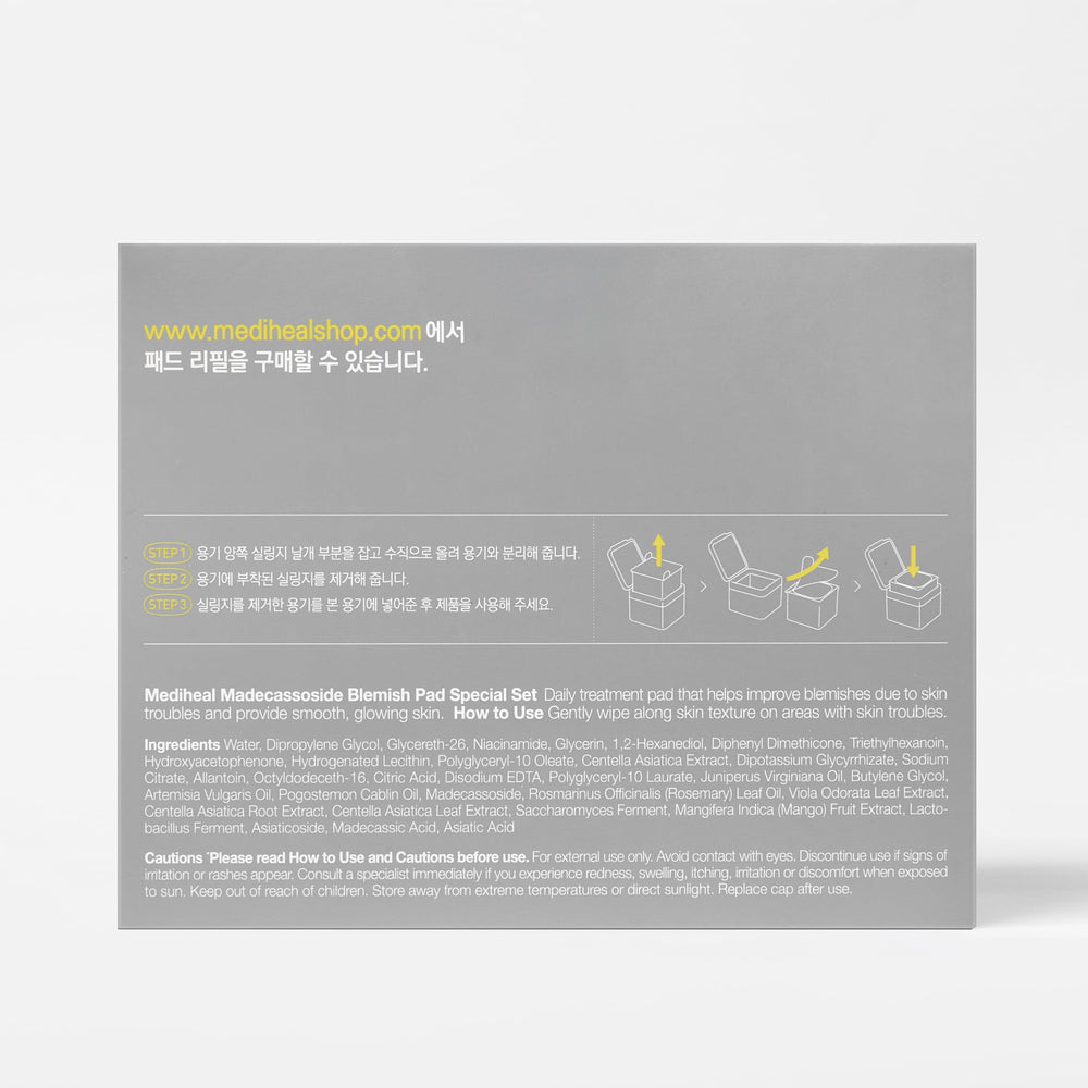 Mediheal Madecassoside blemish pad refill dermatologist-tested seal indicating skin compatibility.
