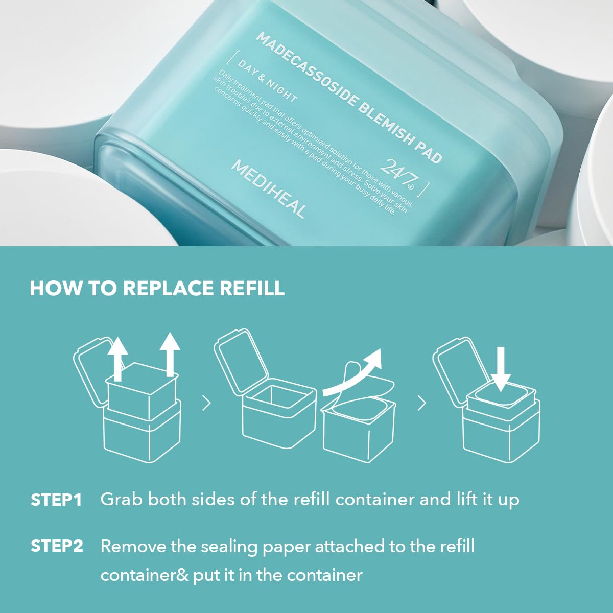 Mediheal Madecassoside blemish pad refill vegan ingredients list emphasizing hypoallergenic quality.