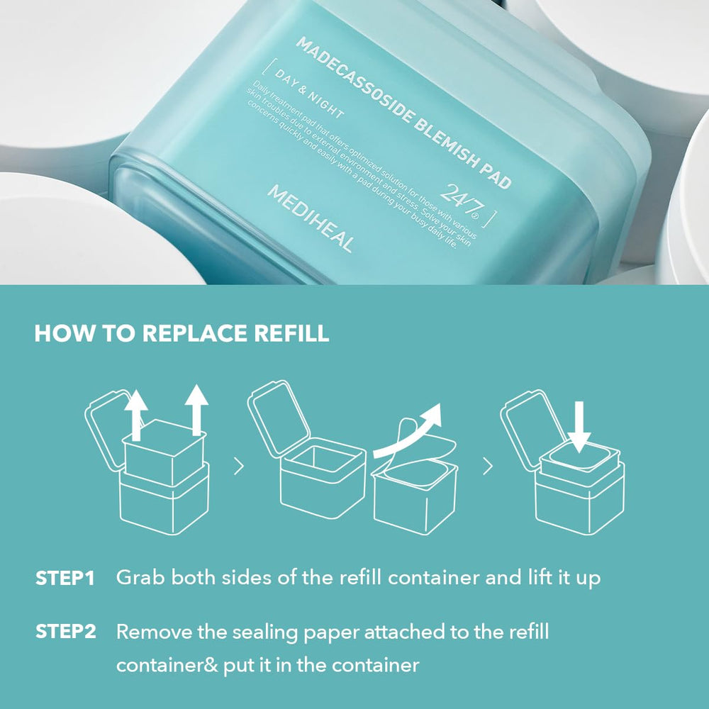Mediheal Madecassoside blemish pad refill vegan ingredients list emphasizing hypoallergenic quality.