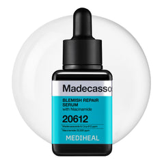 Mediheal Madecassoside serum bottle close-up, highlighting soothing blemish care.