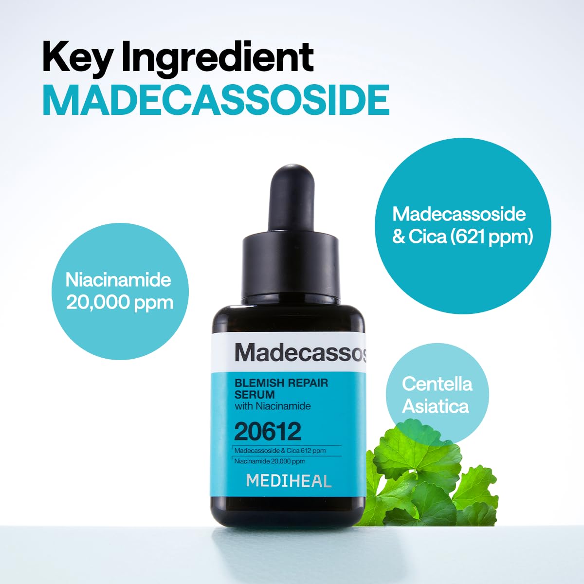 Mediheal Madecassoside serum on skin, illustrating even-tone appearance.