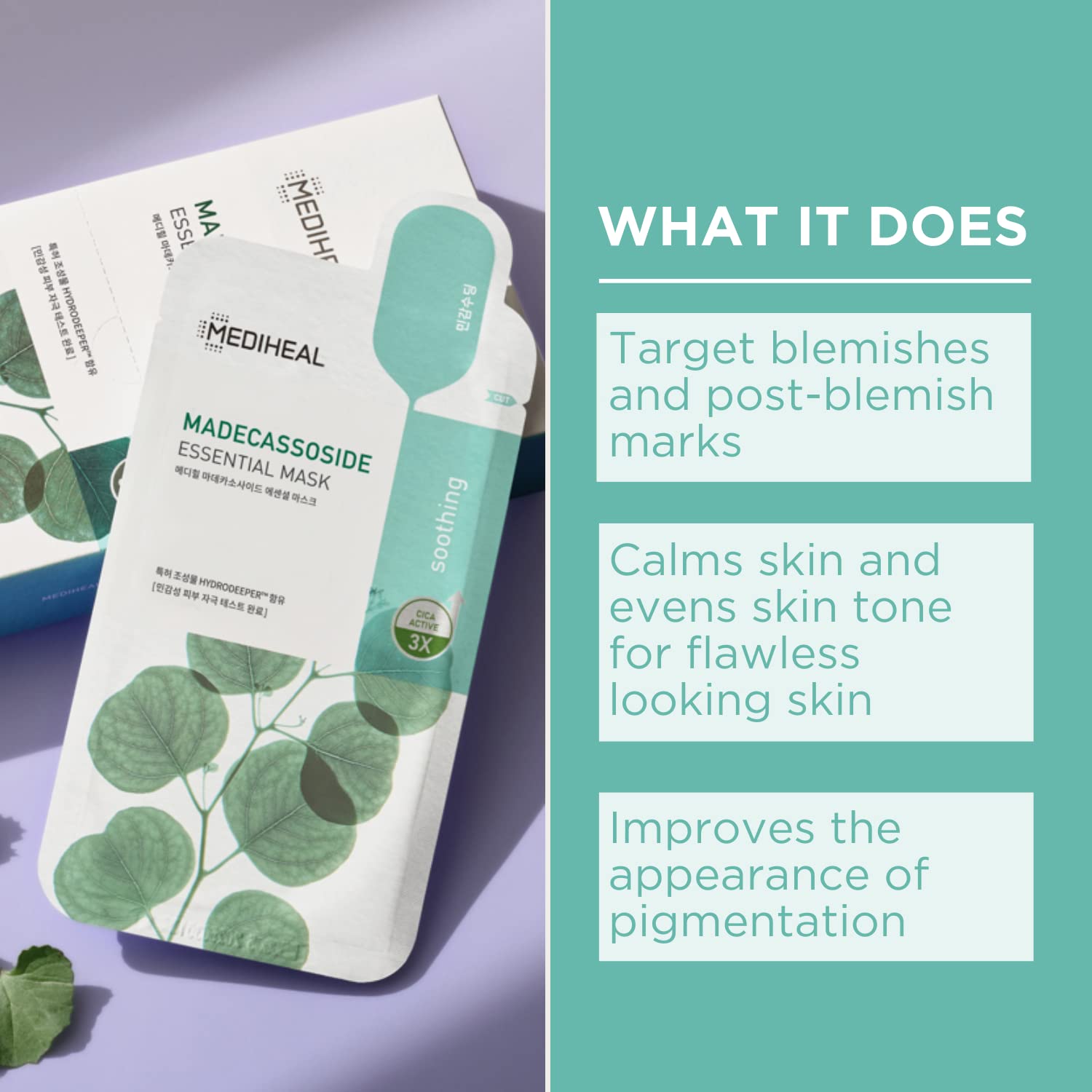 Mediheal Madecassoside sheet mask closeup showing soothing formula.