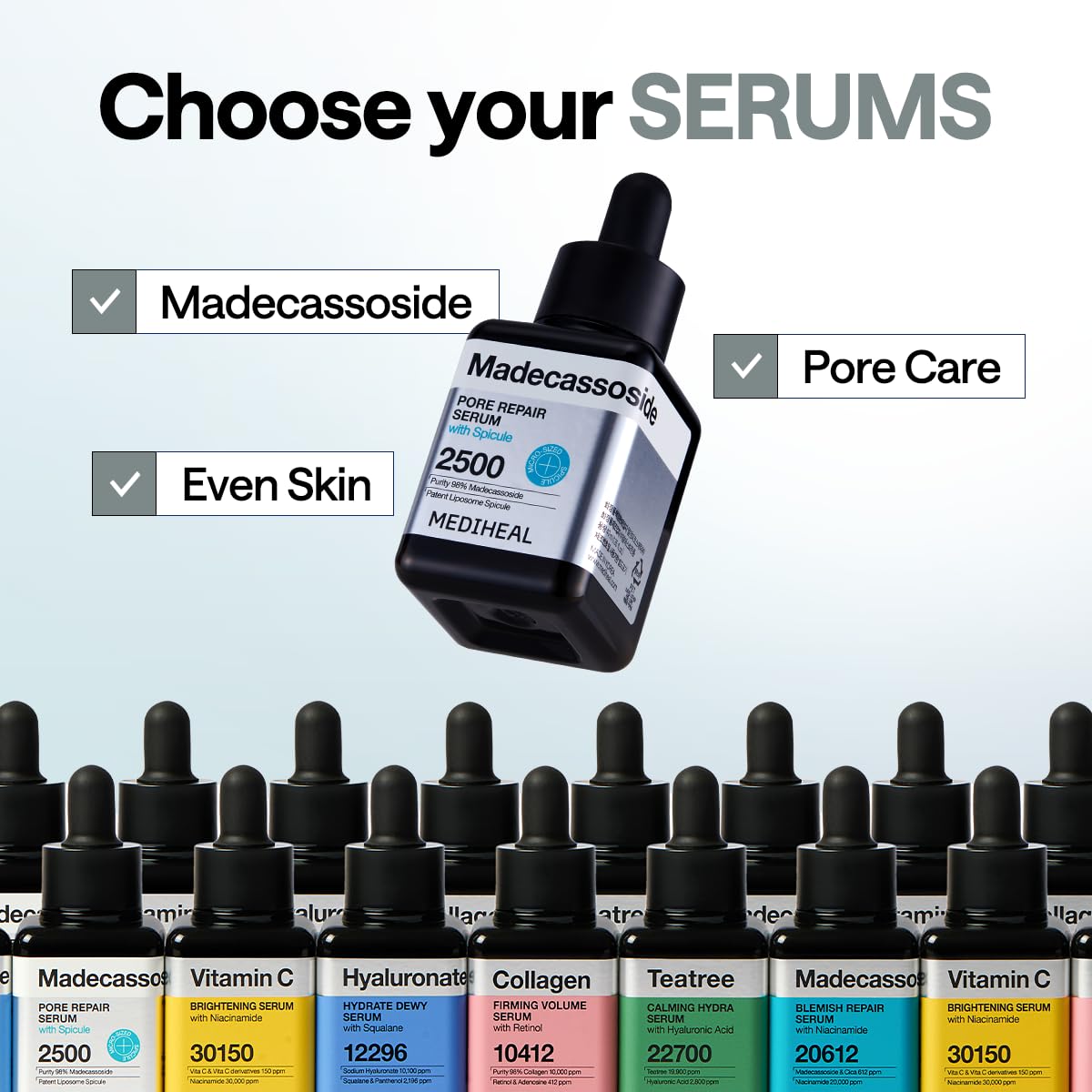 Mediheal Madecassoside spicule coating close-up highlights advanced pore-tightening technology.