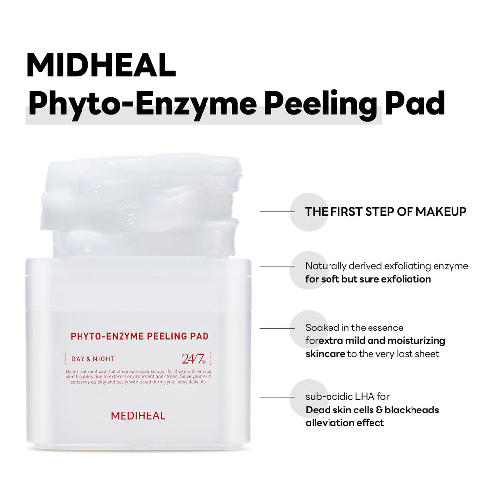 Mediheal Phyto Enzyme Peeling Pad bottle view highlights vegan formula with papaya enzymes and LHA.