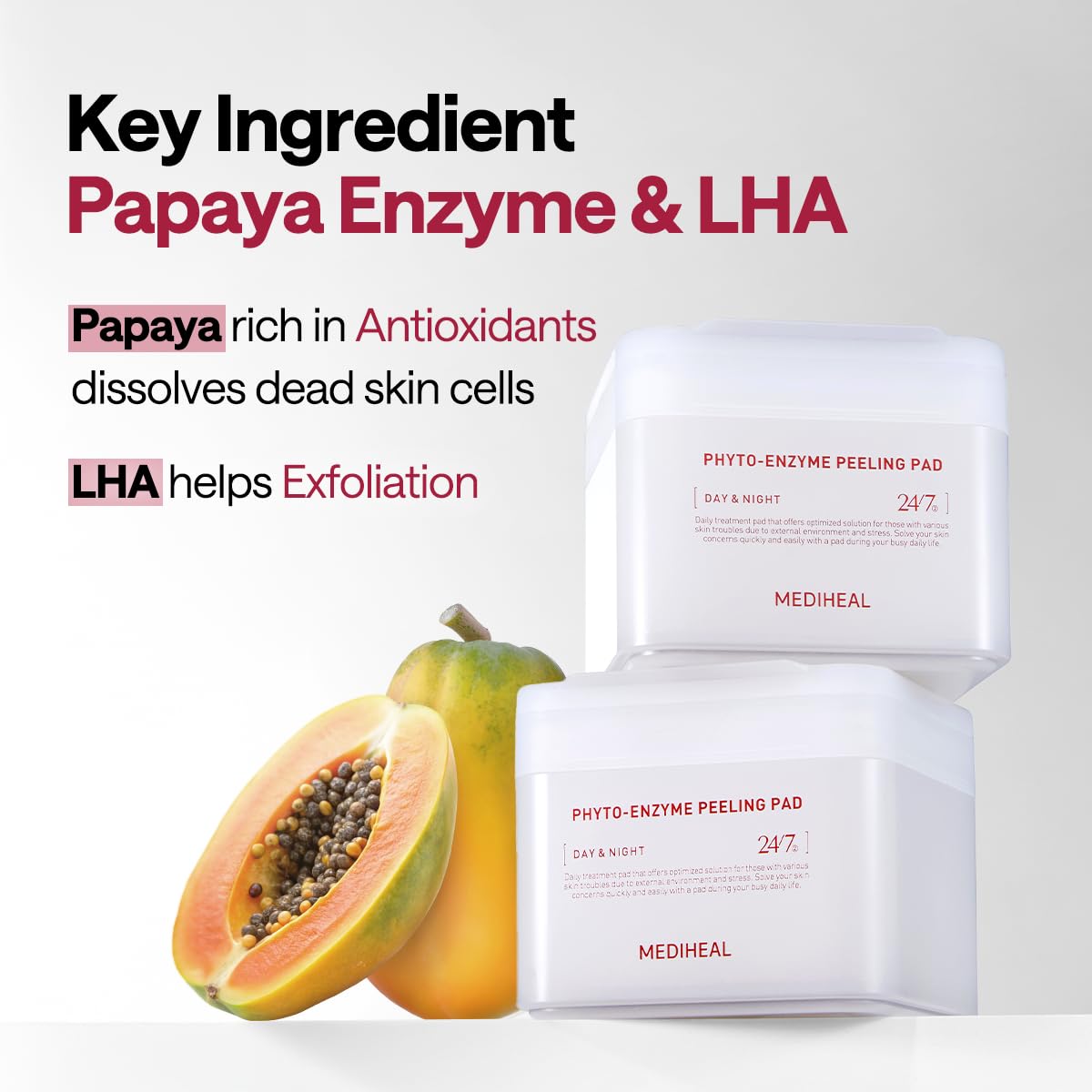 Mediheal Phyto-Enzyme toner pads deep-clean action showing removal of dead skin and impurities.