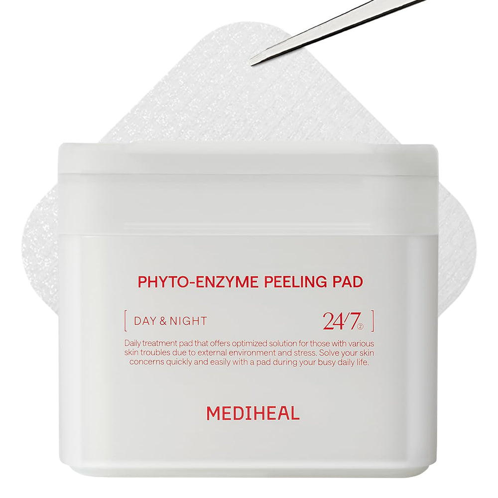 Mediheal Phyto-Enzyme toner pads pack image highlights vegan micro-embossed pads for gentle exfoliation.