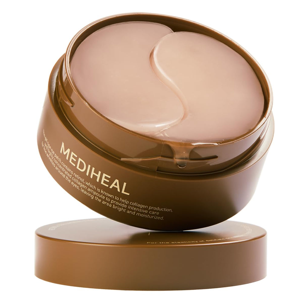 Mediheal Retinol Collagen Under Eye Patches pack closeup with hydrogel texture for soothing hydration.