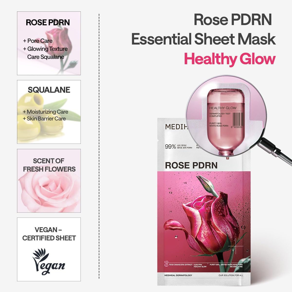 Mediheal Rose PDRN Essential hyaluronic acid droplets emphasizes intense hydration during use.