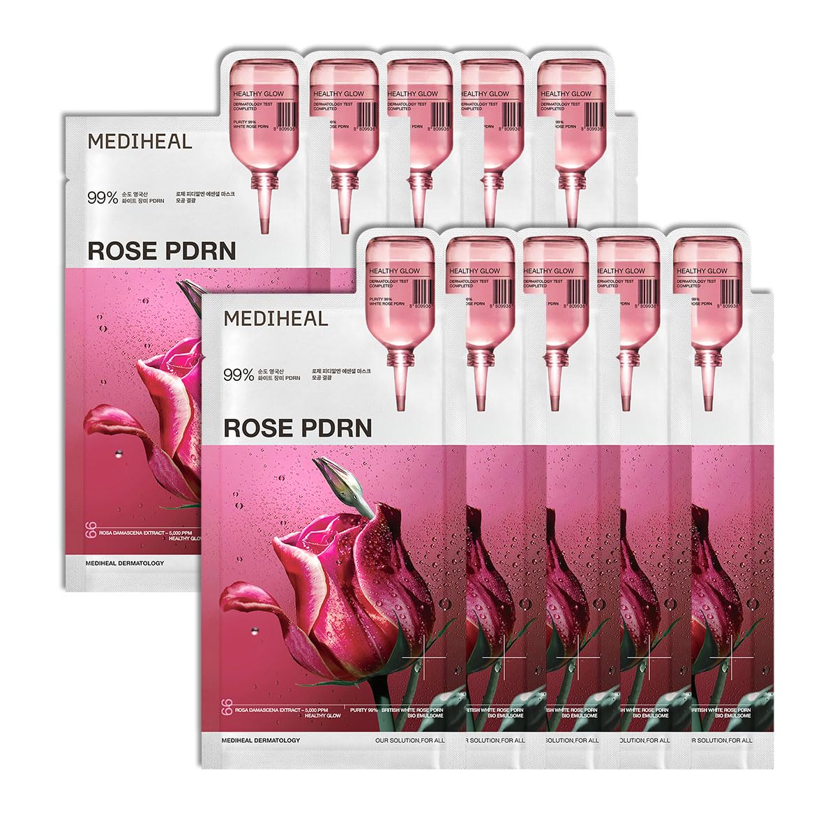 Mediheal Rose PDRN Essential mask packaging highlights vegan formula for healthy hydration.