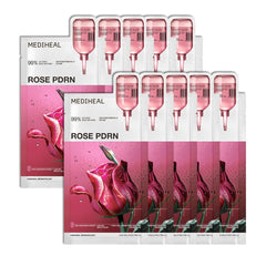 Mediheal Rose PDRN Essential mask packaging highlights vegan formula for healthy hydration.
