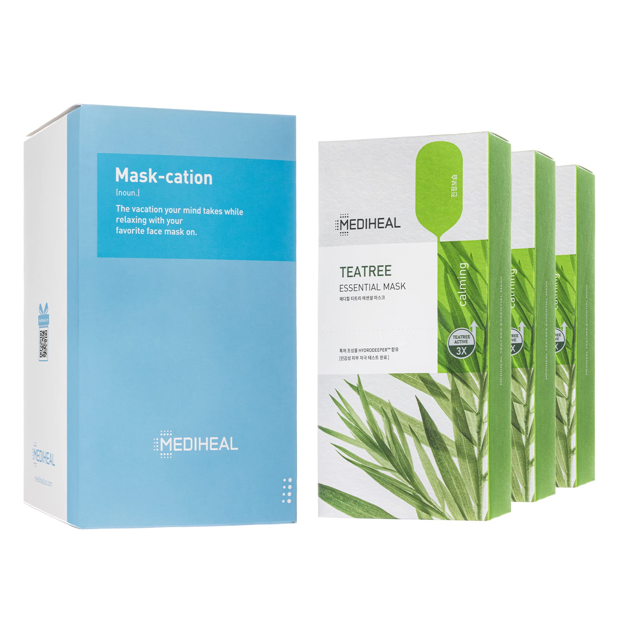 Mediheal Tea Tree essential blemish mask pack outer shows eco packaging for clear skin routines.