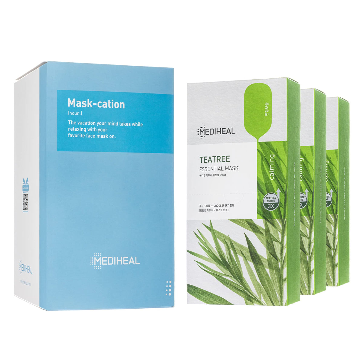 Mediheal Tea Tree essential blemish mask pack outer shows eco packaging for clear skin routines.