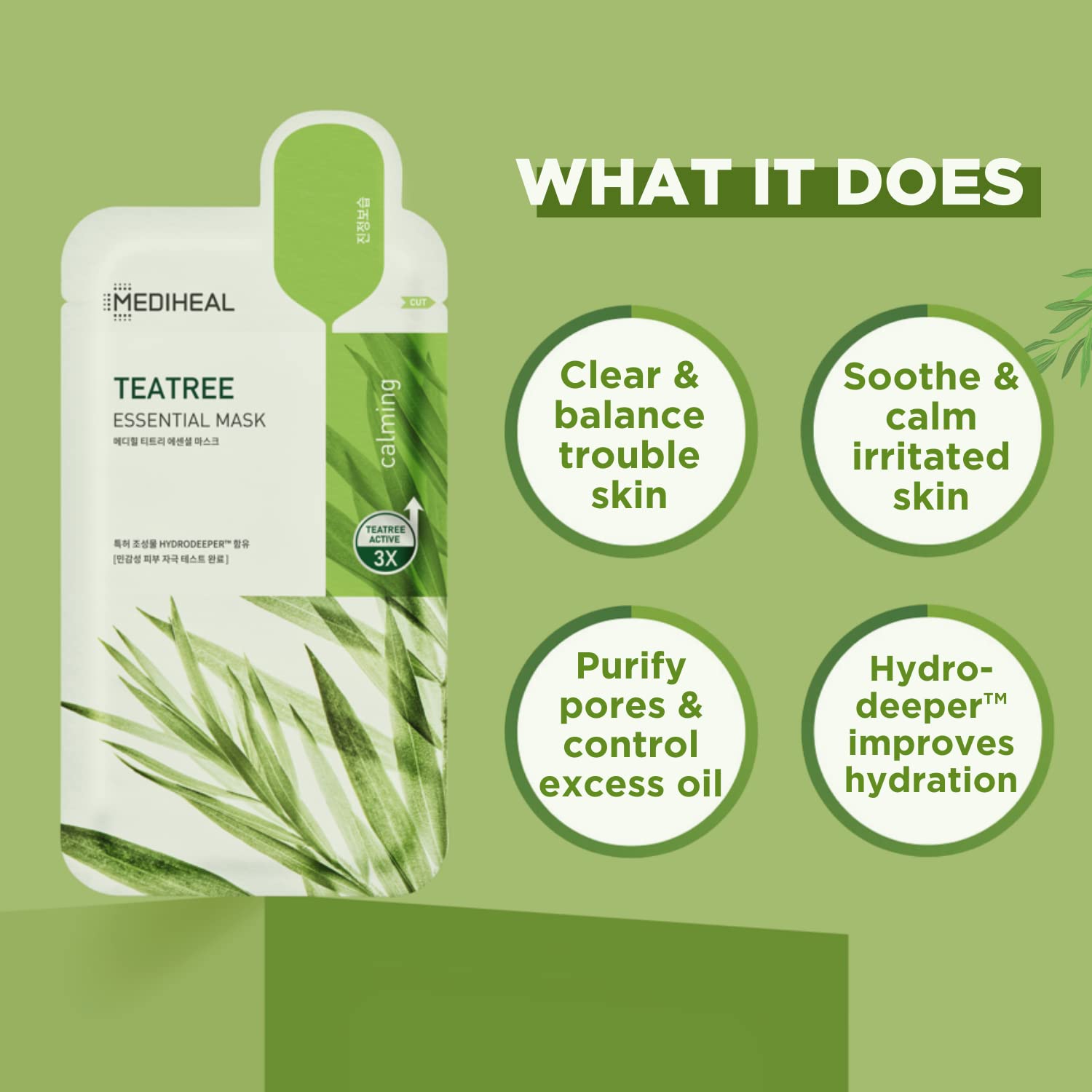 Mediheal Tea Tree essential blemish mask sheets close-up highlights gentle absorption for calm, balanced skin.