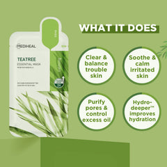 Mediheal Tea Tree essential blemish mask sheets close-up highlights gentle absorption for calm, balanced skin.
