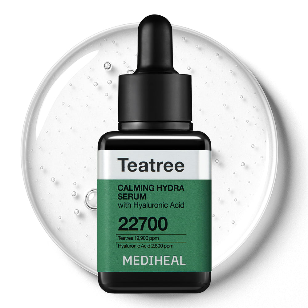 Mediheal Teatree Calming Serum bottle front delivers soothing hydration for irritated skin.