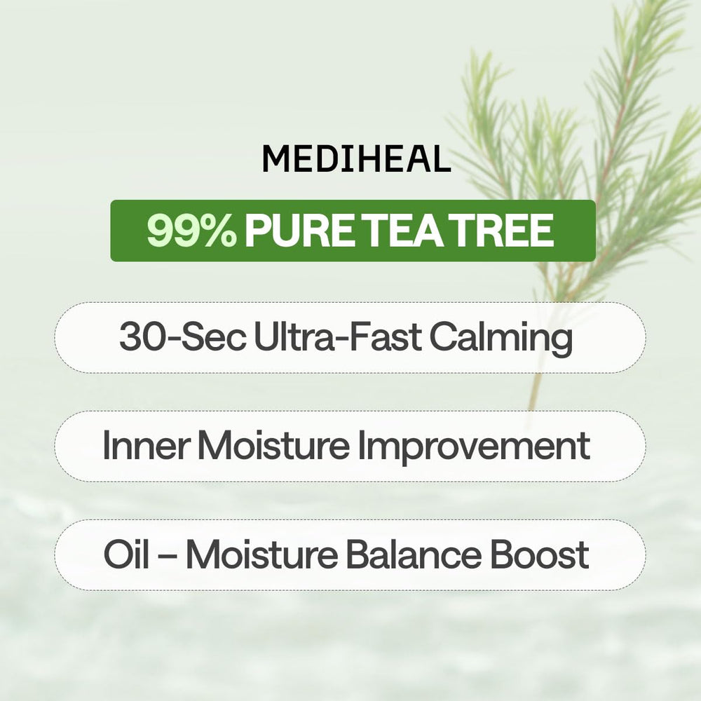 Mediheal Teatree Essential Sheet Mask sheet on skin with moisture droplets