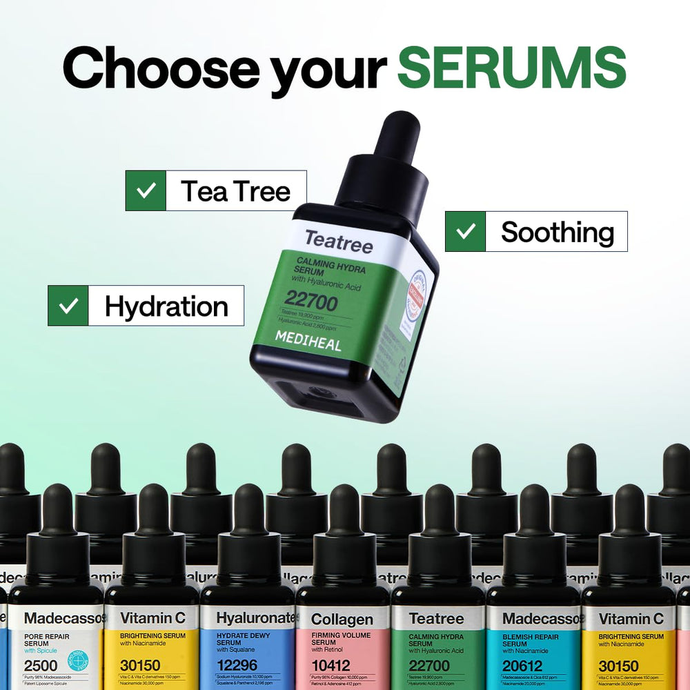 Mediheal Teatree Serum application close-up demonstrates gentle, fast-absorbing calming care.