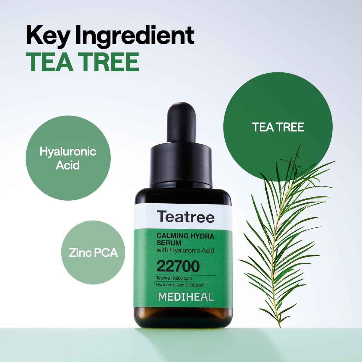Mediheal Teatree Serum texture close-up shows lightweight, non-sticky finish.