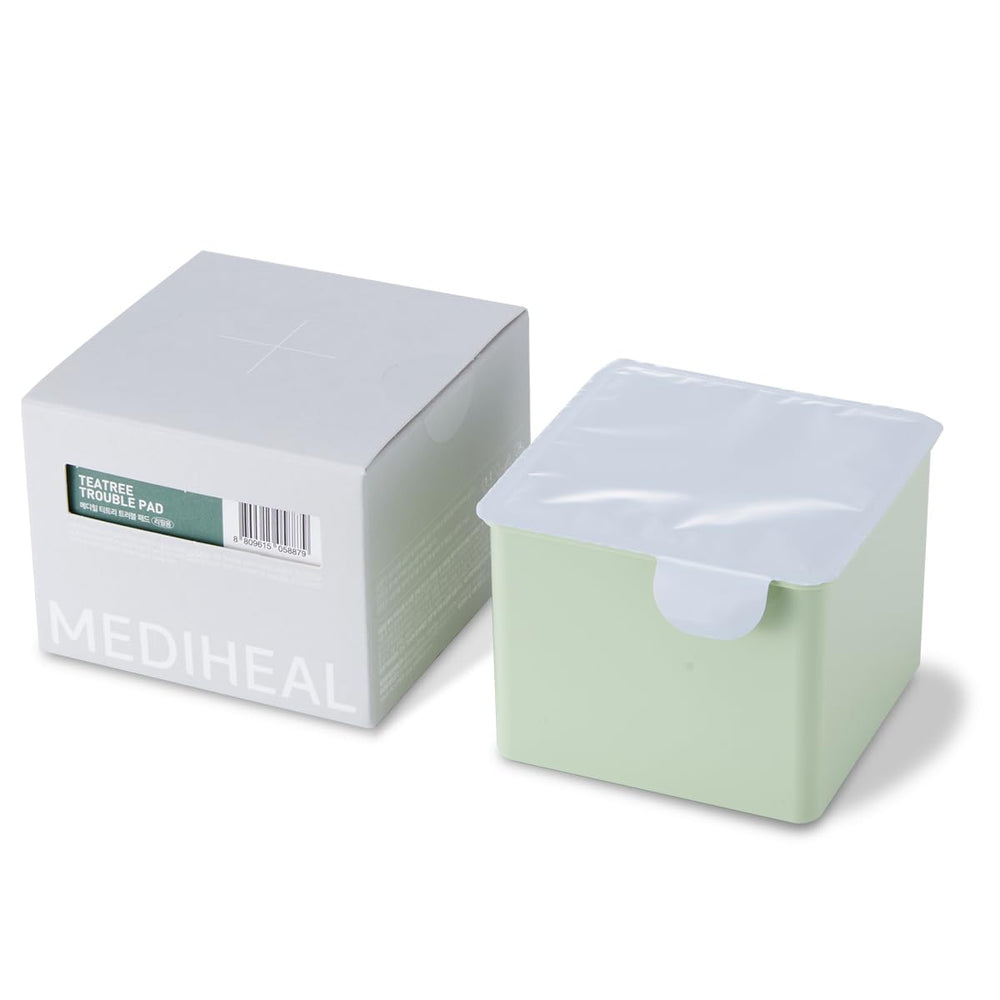 Mediheal Teatree Trouble Pad close-up on vegan cotton pad for calm, hydrated skin.