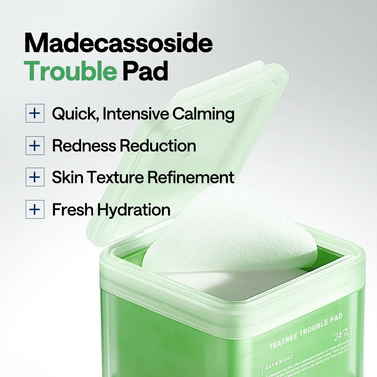 Mediheal Teatree Trouble Pad closeup tea tree emphasizes soothing tea tree benefits.